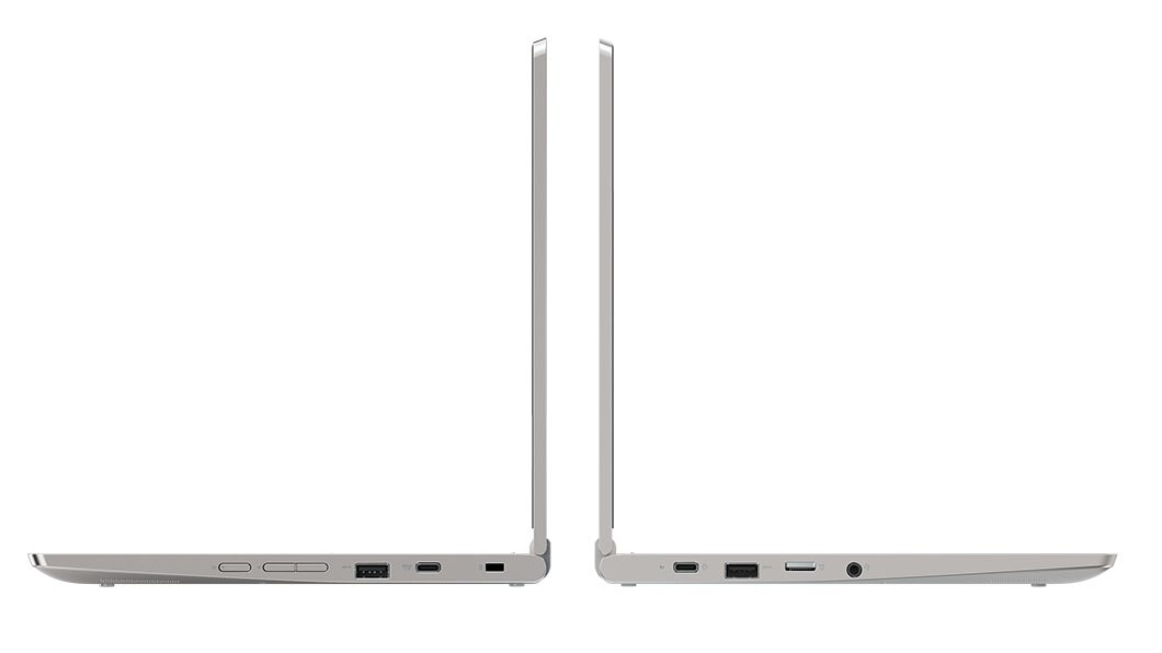 Left and right sides of two Chromebook C340-11 open 90 degrees in Platinum Grey color
