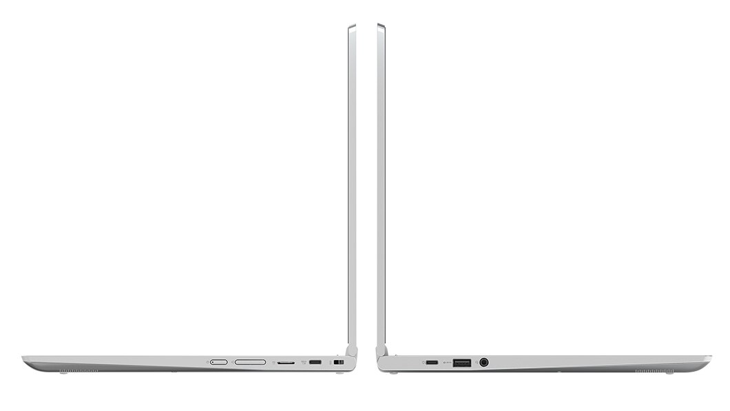 To Lenovo Chromebook C340(15), der er åbnet 90 grader, viser portene på venstre og højre side
