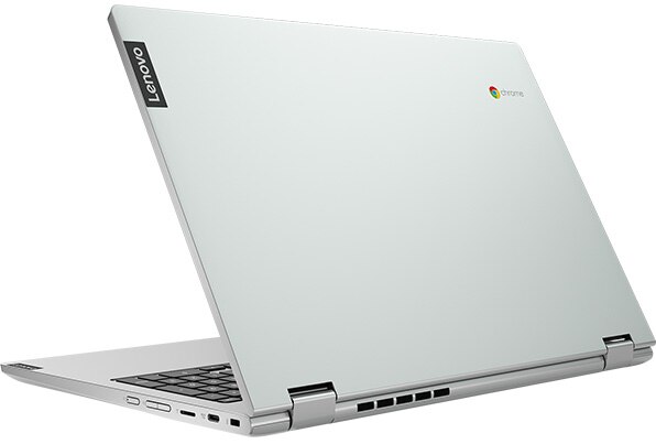 Lenovo C340-15 -- image with view from the rear of opened laptop.