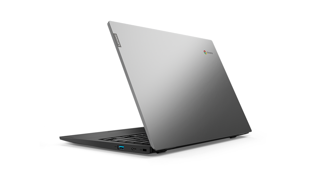 Lenovo Chromebook S345(14, AMD) – sedd bakifrån från höger, logotypen syns