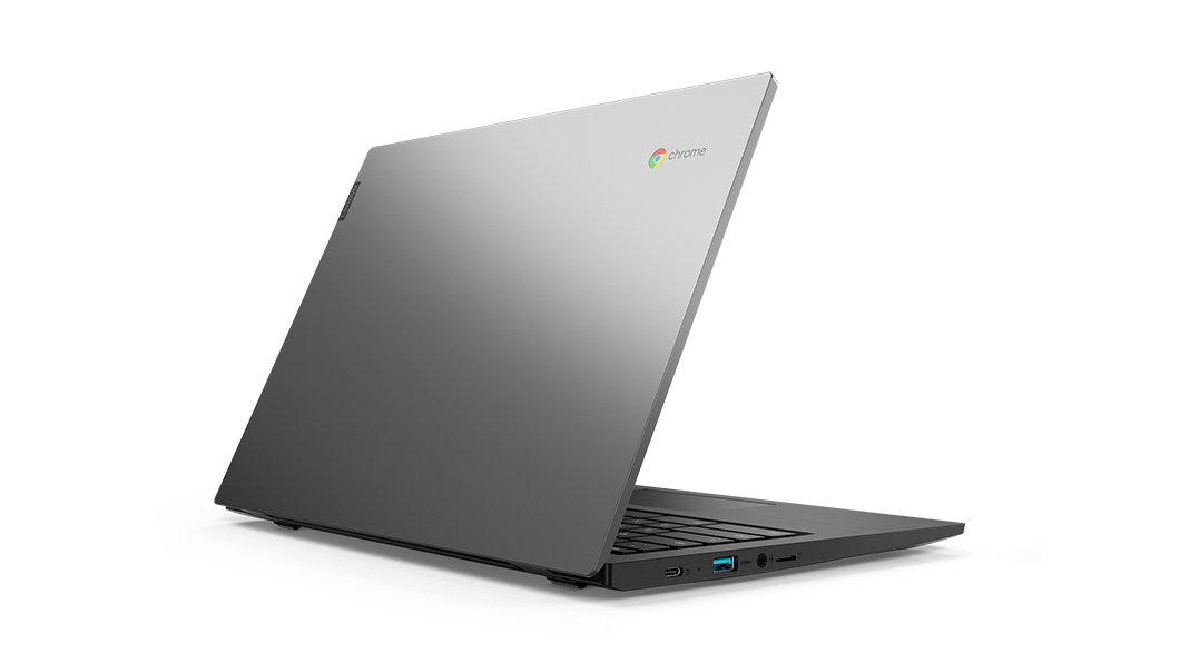 Lenovo Chromebook S345(14, AMD) – sedd bakifrån från vänster, logotypen syns 