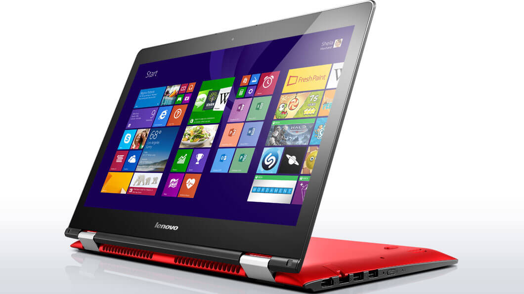 Lenovo Yoga 500 in red and in stand mode, front right side view