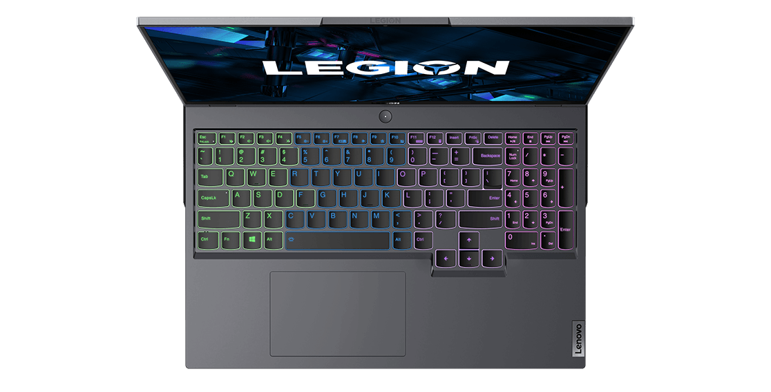 Legion 5i Pro Gen 6 (16″ Intel) Storm Grey, top view, RGB backlight on