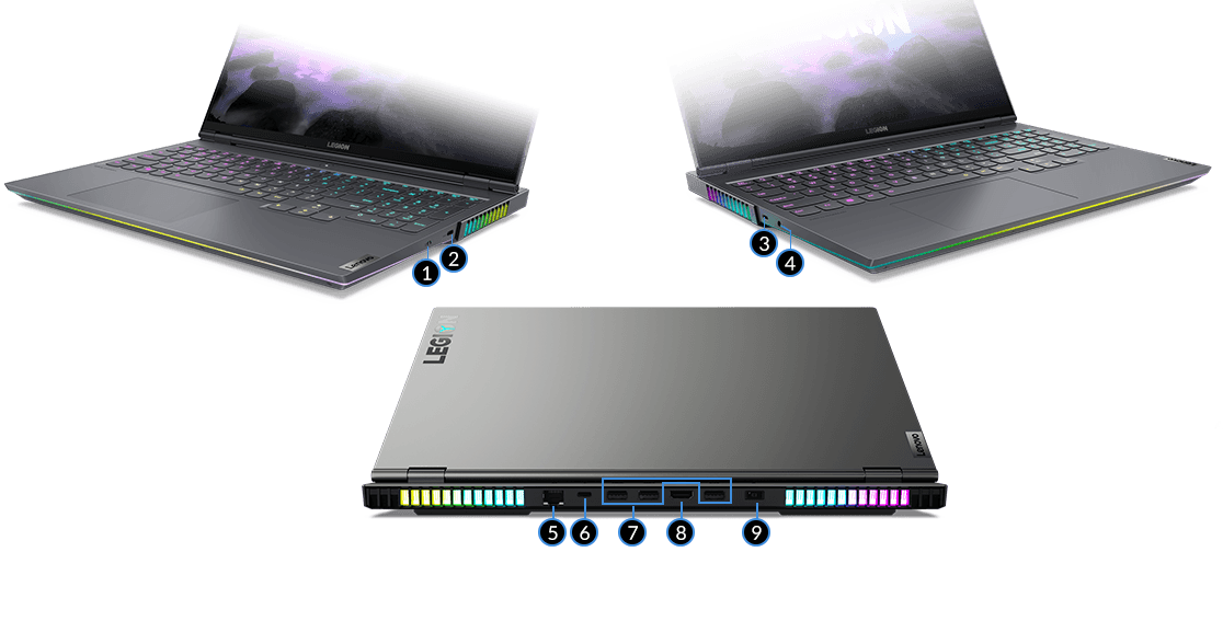 Bilder på Lenovo Legion 7 Gen 6 (16 tum AMD) framifrån till höger, framifrån till vänster och bakifrån, där portarna syns