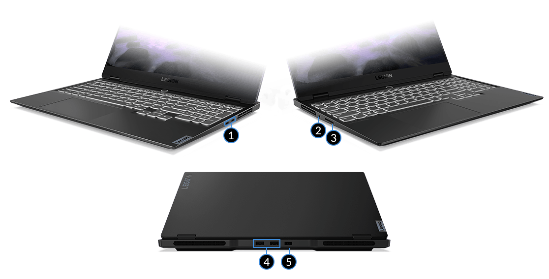 A Legion Slim 7 (15” AMD) gamer laptop aljzatokat bemutató bal, jobb oldal- és hátsó nézete