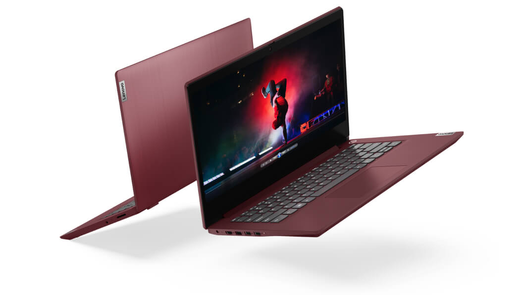 View of two Lenovo Ideapad 3(14'', AMD) laptops in cherry red color