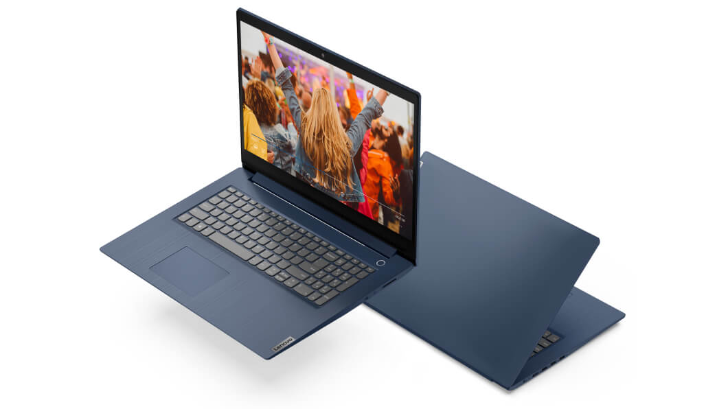 Aanzicht met open en gesloten Lenovo IdeaPad 3 (17'') Intel-laptops in blauw