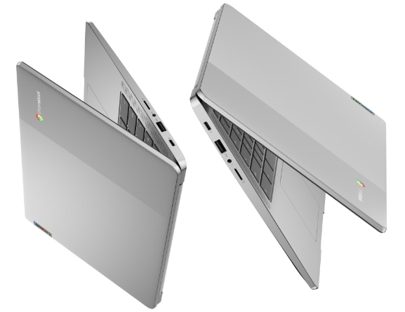 Two IdeaPad 3 Chromebook Gen 6 (14″ MTK) Arctic Grey side-by-side and slightly opened