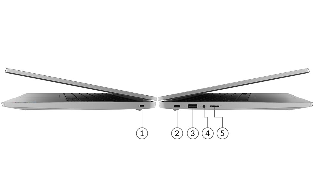IdeaPad 3 Chromebook (14-tommers MTK) Arctic Grey, porter sett fra venstre og høyre side