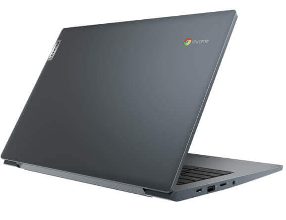 An IdeaPad 3 Chromebook (14'') from the back, slightly open with the Chromebook logo prominent