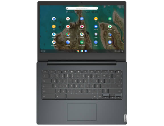  An IdeaPad 3 Chromebook (14) opened 180 degrees flat, showing the keyboard and screen