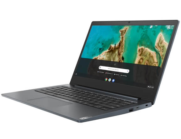 Vue oblique de l’IdeaPad 3 Chromebook (14'') ouvert, montrant le clavier et l’écran