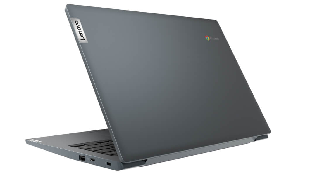 Vue latérale arrière droite du Lenovo IdeaPad 3 Chromebook 14'', légèrement ouvert