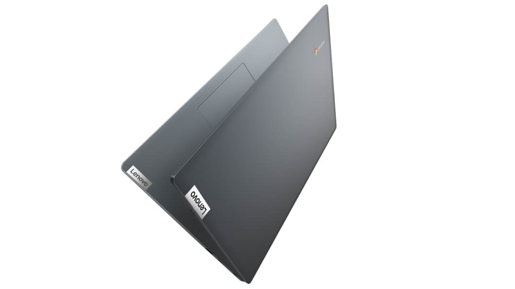 Vue latérale droite du Lenovo IdeaPad 3 Chromebook 14'', légèrement ouvert et incliné