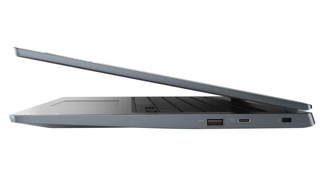 Vue latérale droite du Lenovo IdeaPad 3 Chromebook 14'', légèrement ouvert