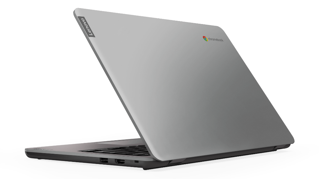 Vue arrière du Chromebook IdeaPad 3 Gen 6 (14'' AMD) orienté vers la gauche