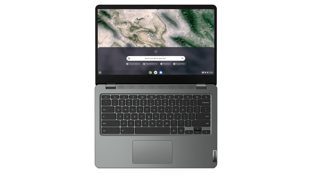 Vue de l’écran et du clavier du Chromebook IdeaPad 3 Gen 6 (14'' AMD) complètement ouvert