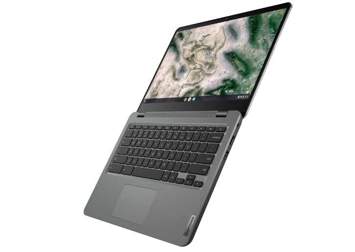 Chromebook IdeaPad 3 Gen 6 (14'' AMD) complètement ouvert, orienté vers la gauche