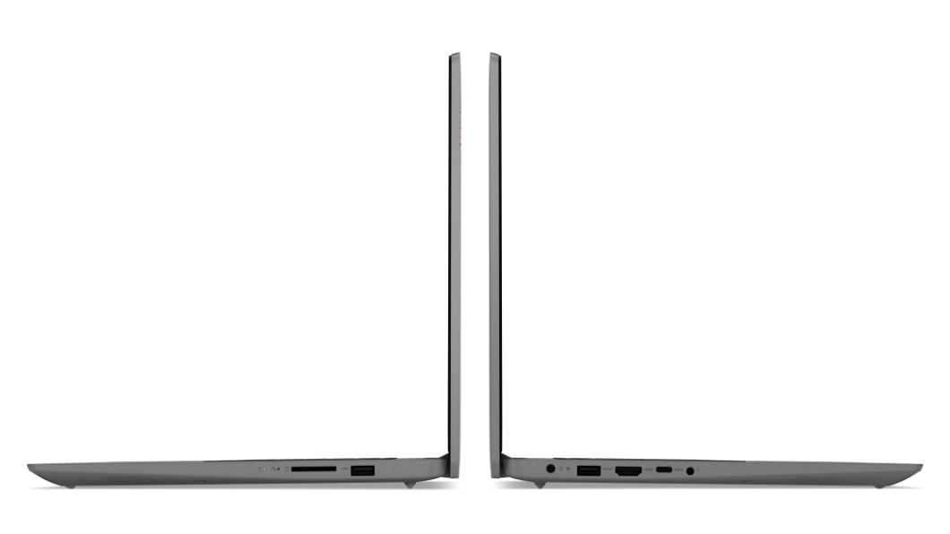 Imagen de los perfiles derecho e izquierdo de la notebook IdeaPad 3 6ta Gen (15.6”, AMD) en color arctic grey (gris ártico), abierta a 90°