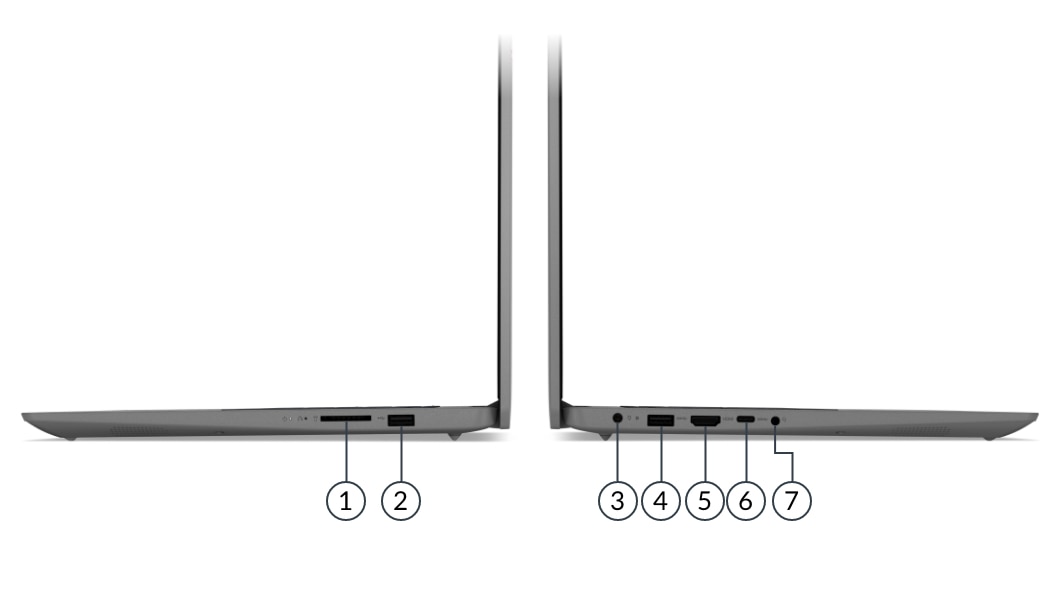 Imagen de ambos perfiles de la laptop IdeaPad 3 de 6ta generación (15.6”, AMD) con sus puertos y ranuras a la vista, en color gris ártico (arctic grey)