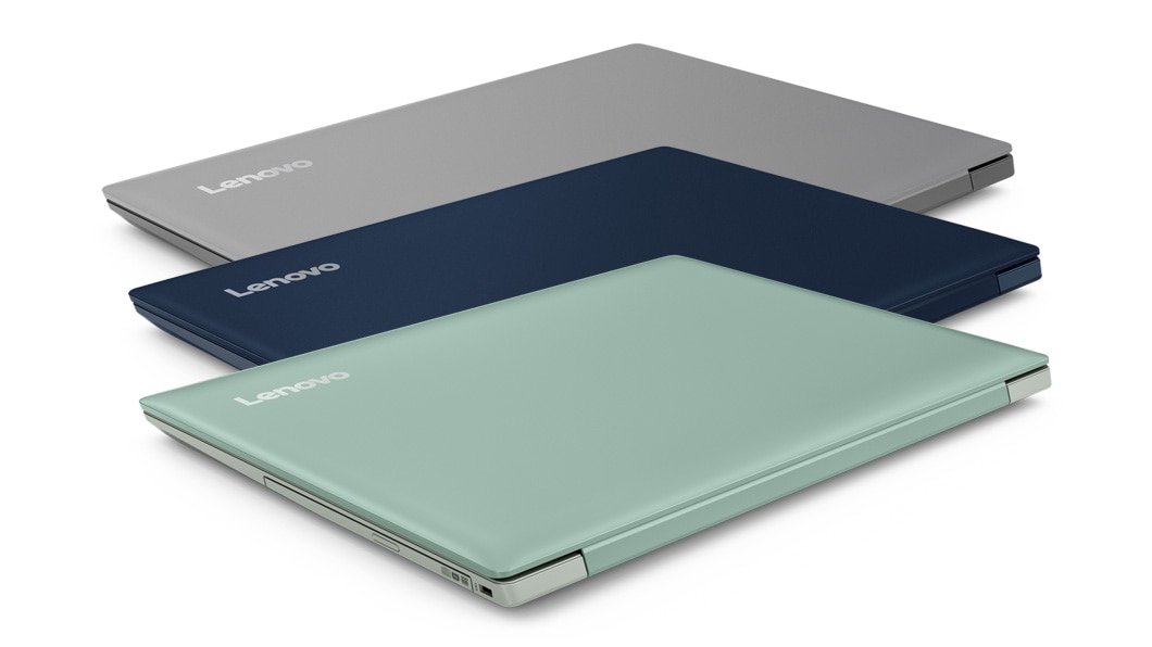 Lenovo Ideapad 330 (14) laptop, back view, closed, 3 stacked devices in mint green, midnight blue, and platinum grey.