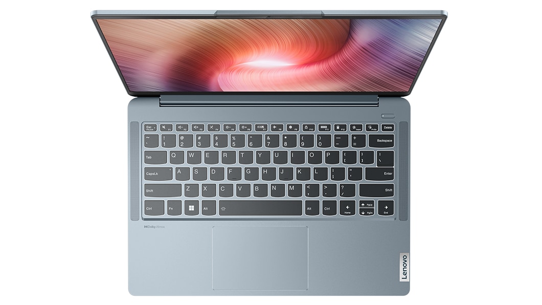 Bovenaanzicht van Steenblauwe Lenovo IdeaPad 5 Pro Gen 7 laptop-pc, met toetsenbord.