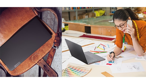 Ideapad 530S (15) shown in a satchel and in use on an artist's desk