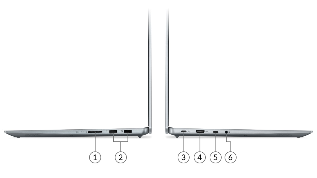 Lenovo IdeaPad 5i Pro Gen 6 (16“ Intel), sol ve sağ yandaki bağlantı noktalarını gösteren görseller