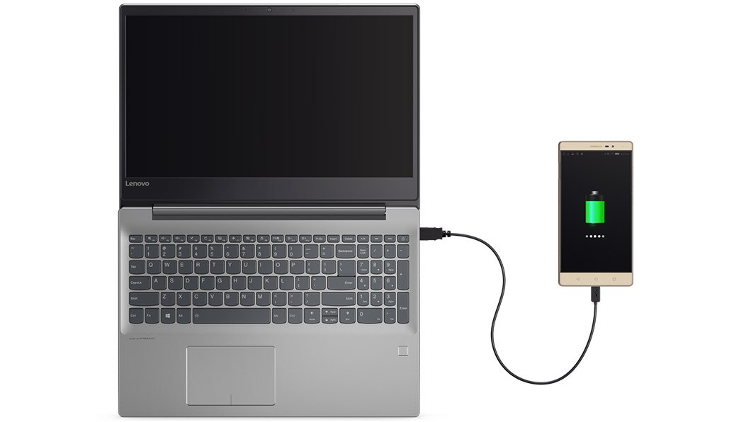 Lenovo Ideapad 720 with smart device plugged in and charging