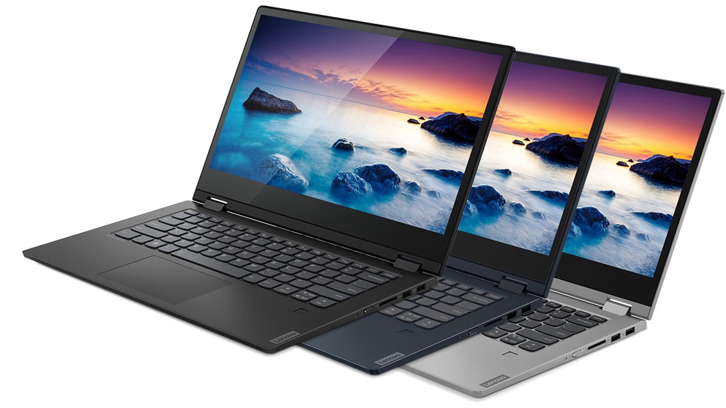Side shot of three IdeaPad C340 (14, AMD) models, showing the different color options: Onyx Black , Platinum Grey, & Abyss Blue