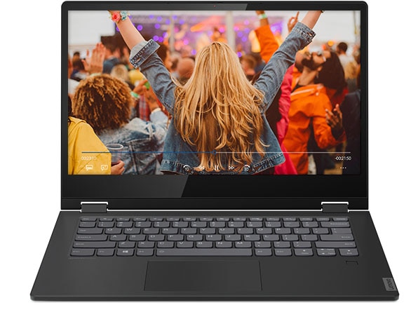 Front shot of the IdeaPad C340 (14, AMD) with the display open, showing music fans with hands in the air at a concert
