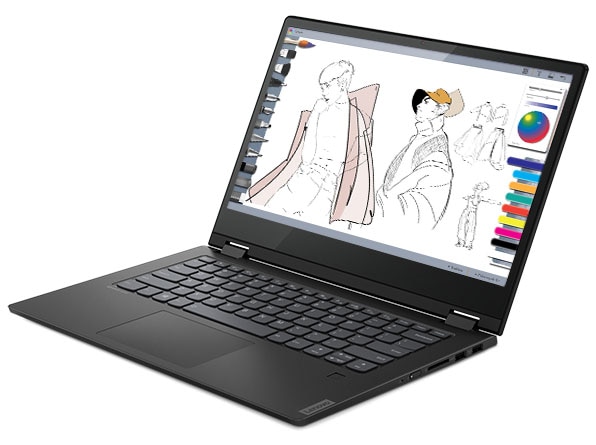 Front shot of the IdeaPad C340 (14) with the display open, showing designs of some clothe