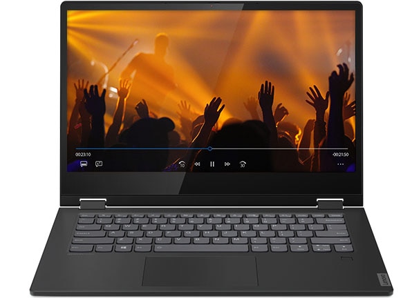 Front shot of the IdeaPad C340 (14) with the display open, showing music fans with hands in the air at a concert