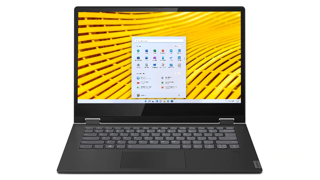 Front-facing shot of the IdeaPad C340 (14) with the display open, showing an off-shore scene with some rocks