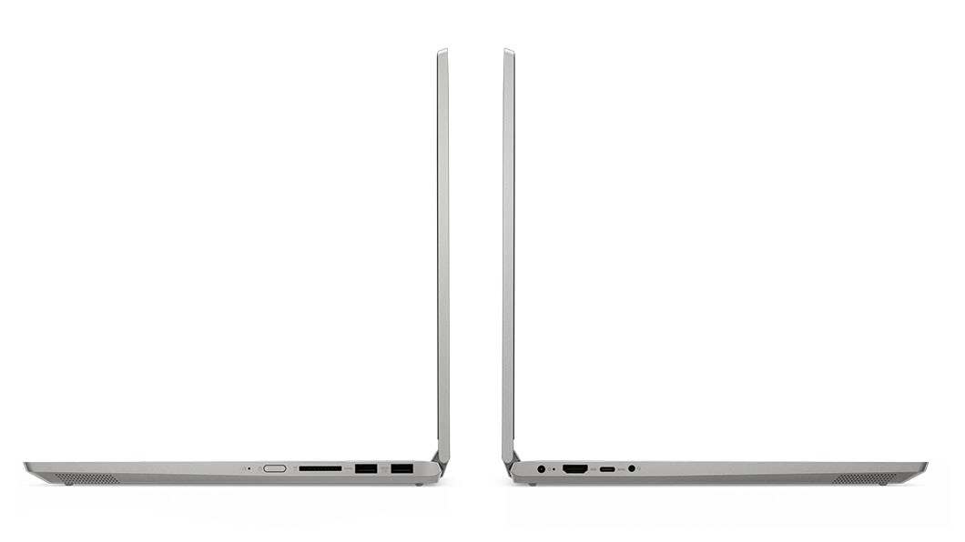 Side profile of two IdeaPad C340 (15'') laptops back-to-back, open