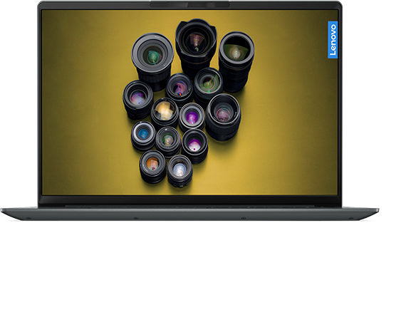 IdeaPad Creator 5 Gen 6 (16” AMD) laptop – front view with lid open and image of multiple camera lenses on screen