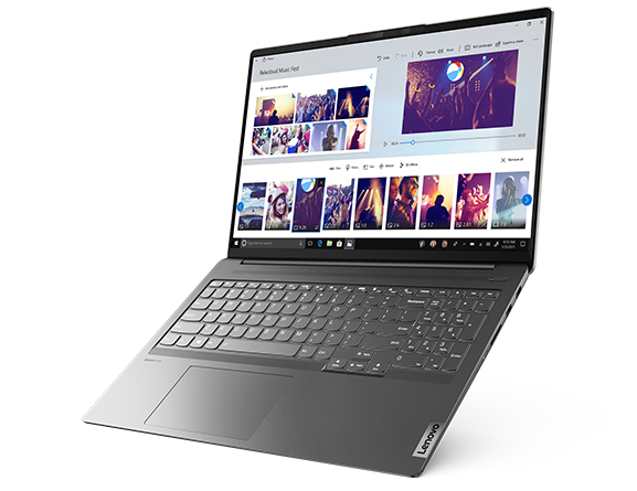 IdeaPad Creator 5 Gen 6 (16” AMD) laptop – ¾ right-front view with lid open and imaging software on screen