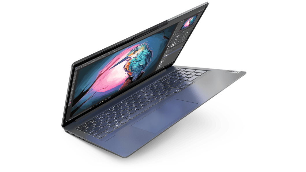 IdeaPad Creator 5 Gen 6 (16” AMD) laptop – ¾ left-front view with lid partially open and bird illustration on screen