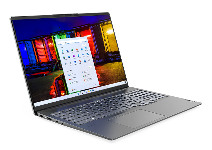 IdeaPad Creator 5 Gen 6 (16” AMD) laptop – ¾ left-front view with lid open and colored patterns on screen