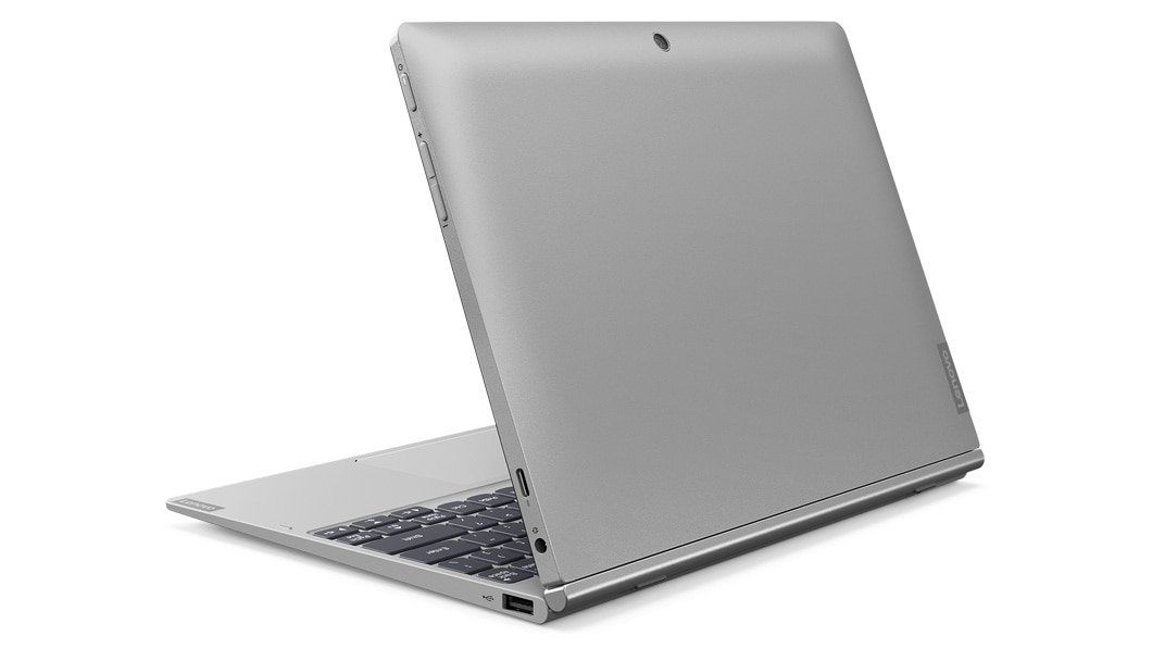 Lenovo Ideapad D330 (in silver) opened slightly, back right side view.