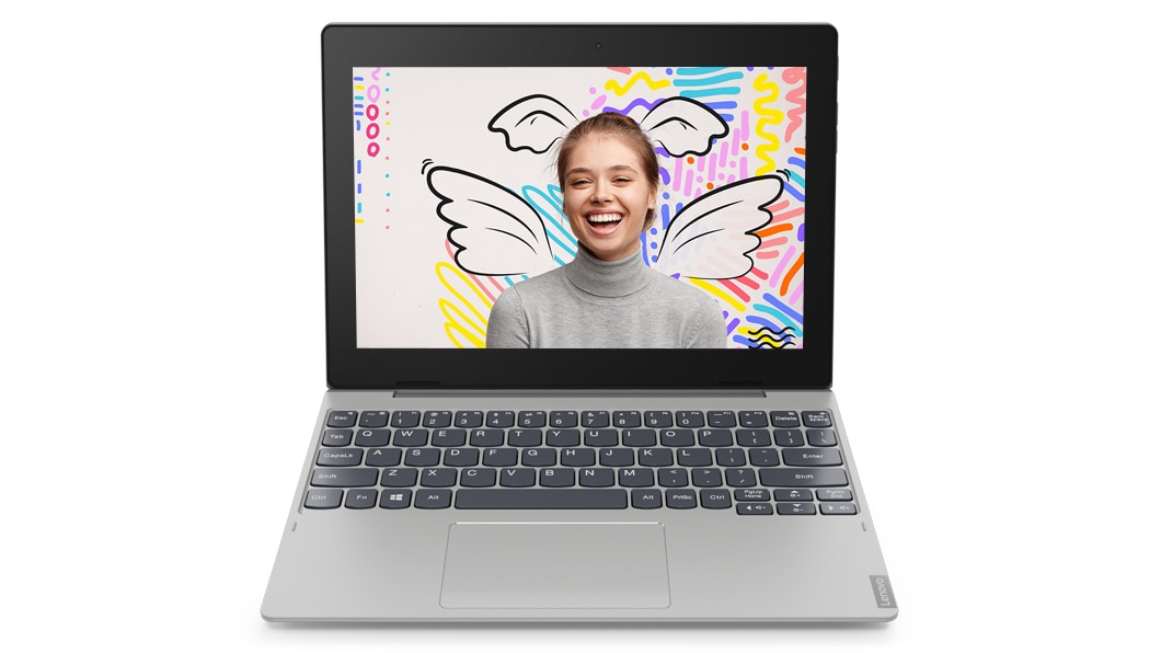 Imagen frontal de la laptop tablet IdeaPad D330 (10.1”, Intel) abierta a poco más de 90° y con la pantalla encendida