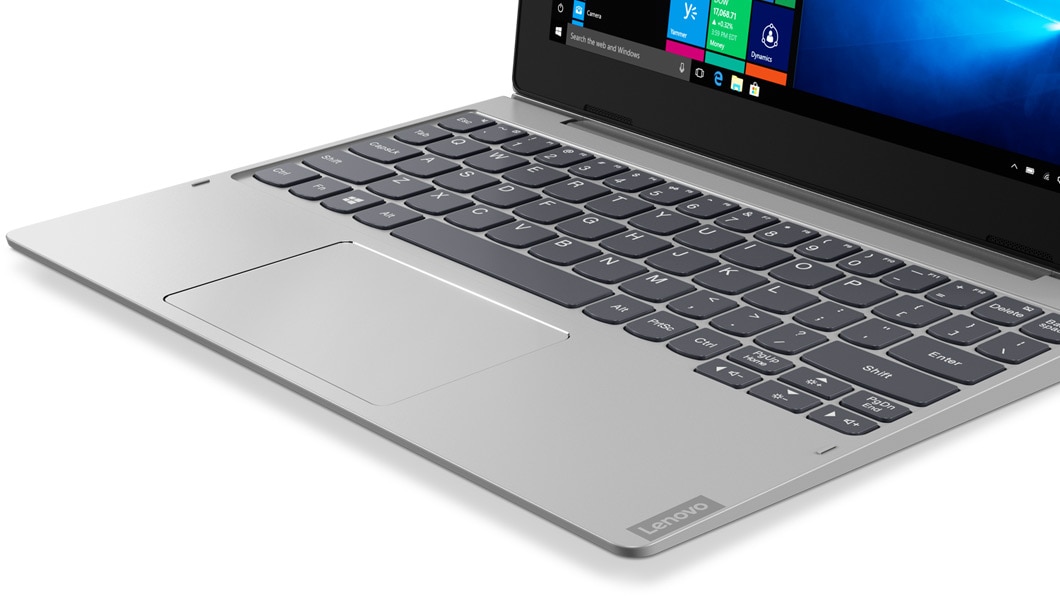Lenovo Ideapad D330 (in silver), detailed view of full-size keyboard and trackpad.