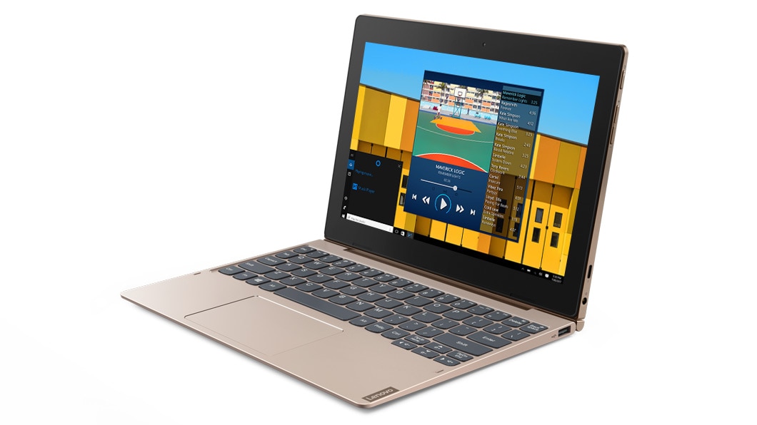 Lenovo Ideapad D330 (in gold), front right side view.