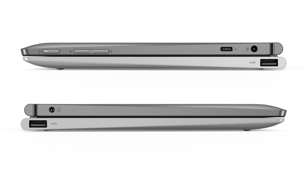 Lenovo Ideapad D330 (in silver) closed, left and right side profile views showing ports.