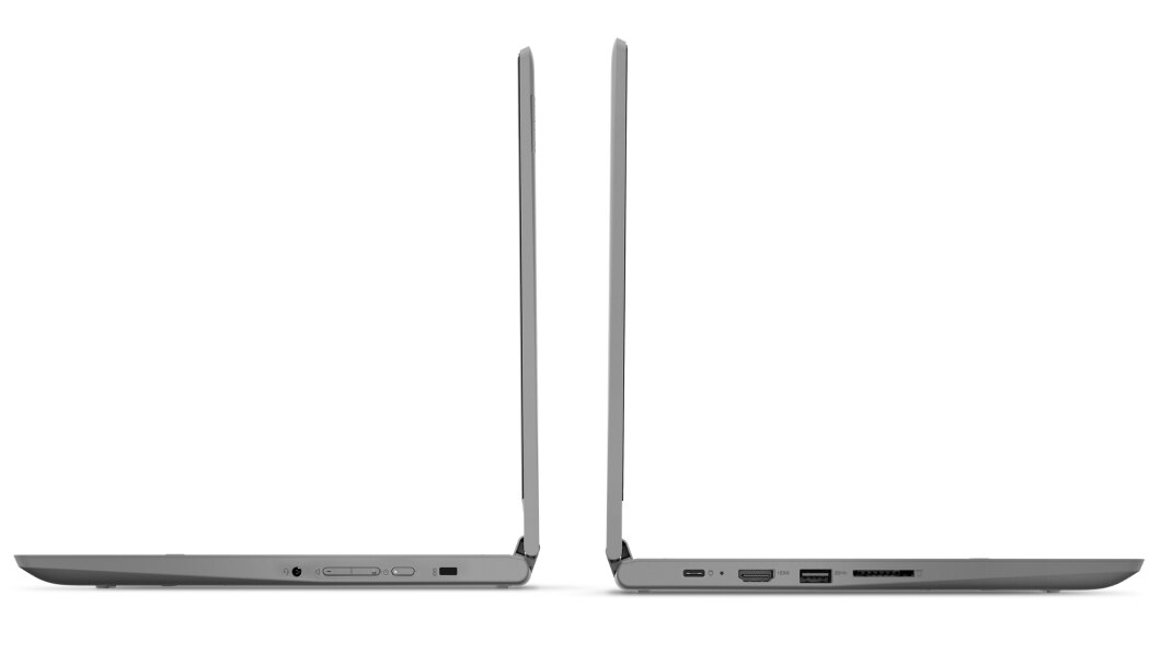 Two Lenovo IdeaPad Flex 3 Chromebook 11 MTK laptops showing left and right side views open 90 degrees