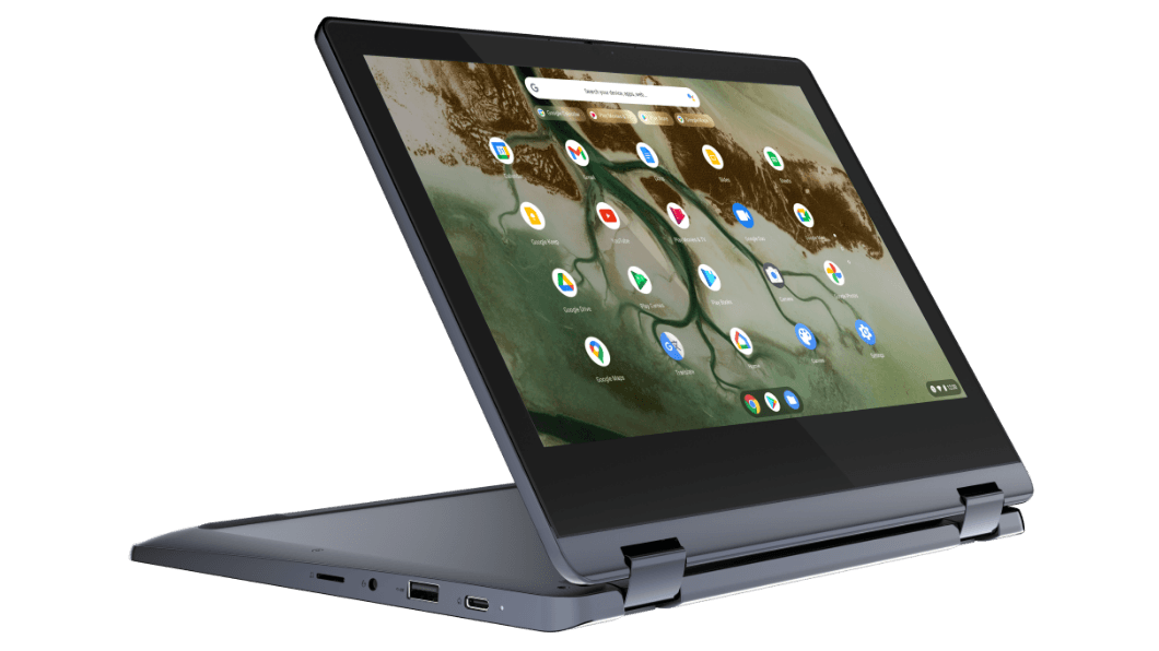 IdeaPad Flex 3i Chromebook Gen 6 (11'' Intel) in Abyss Blue in stand mode facing front-right