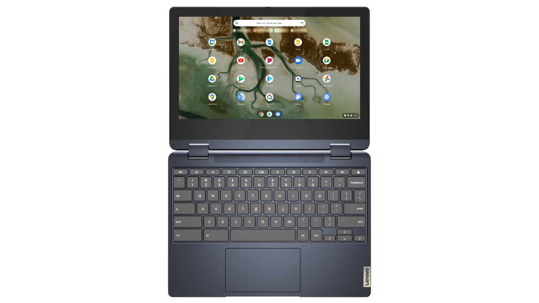IdeaPad Flex 3i Chromebook Gen 6 (11'' Intel) in Abyss Blue open 180 degrees overhead view