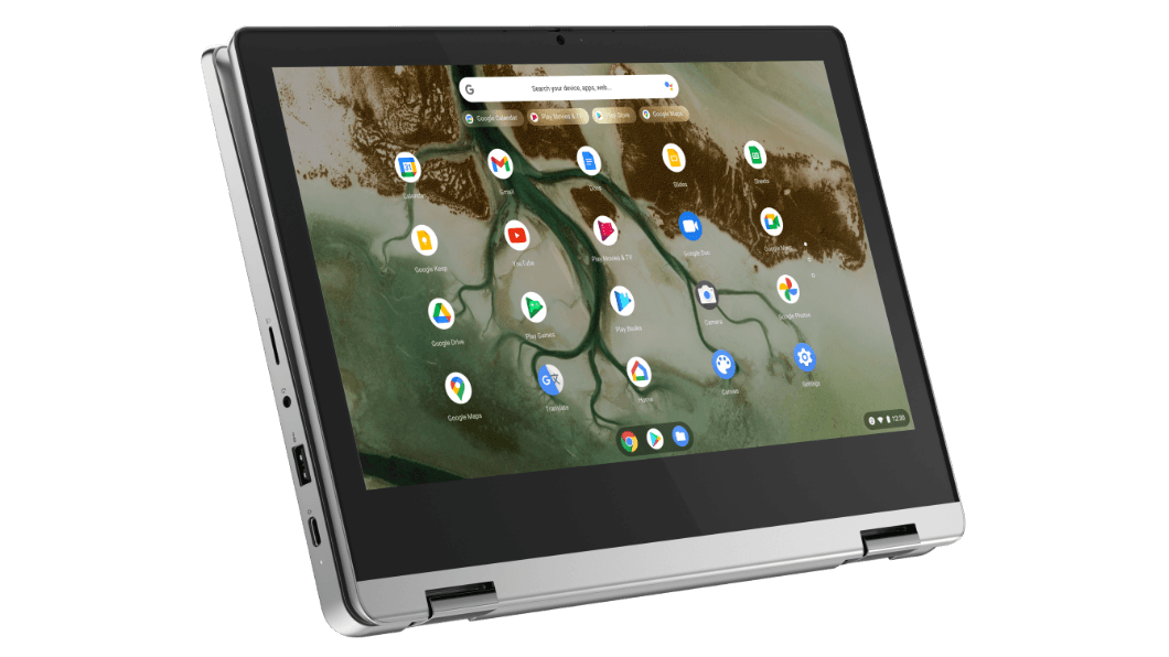 Vue avant droite du Chromebook IdeaPad Flex 3i Gen 6 (11'' Intel) Arctic Grey en mode tablette