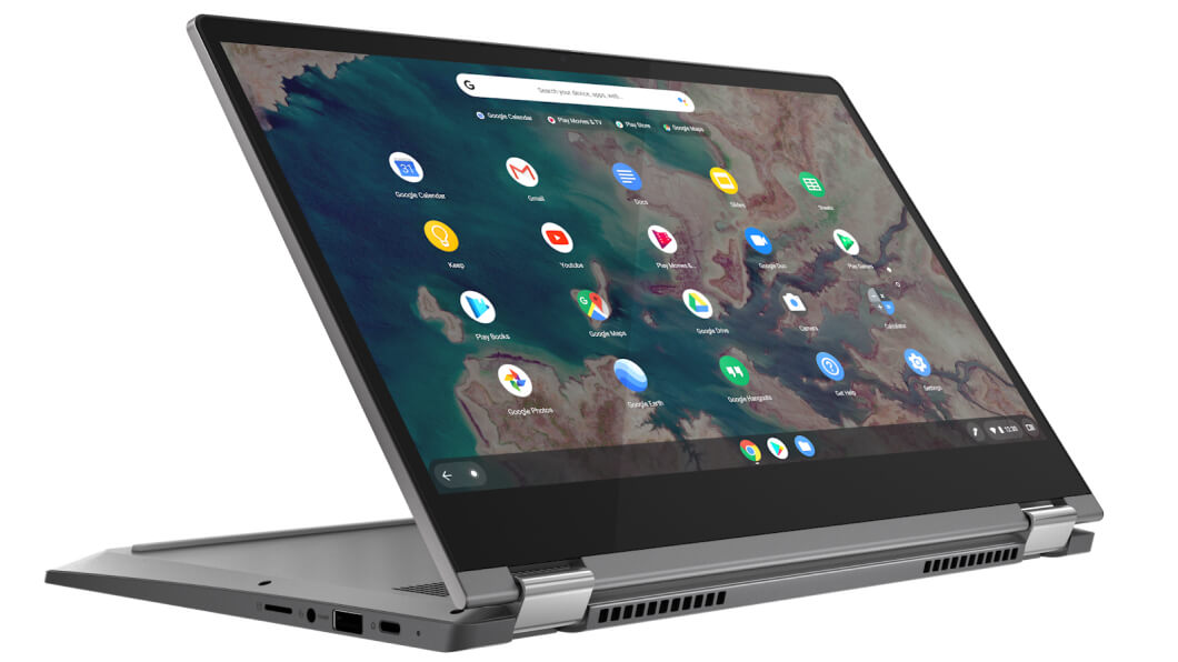 Vista laterale del Chromebook Lenovo IdeaPad 5 Flex in modalità stand