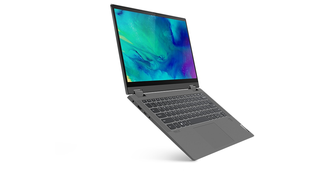 Left angle view of the graphite grey IdeaPad Flex 5 laptop